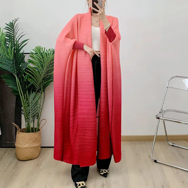 Gradient colour batfly sleeve pleated trench coat, women's stylish goddess style loose long pleated jacket