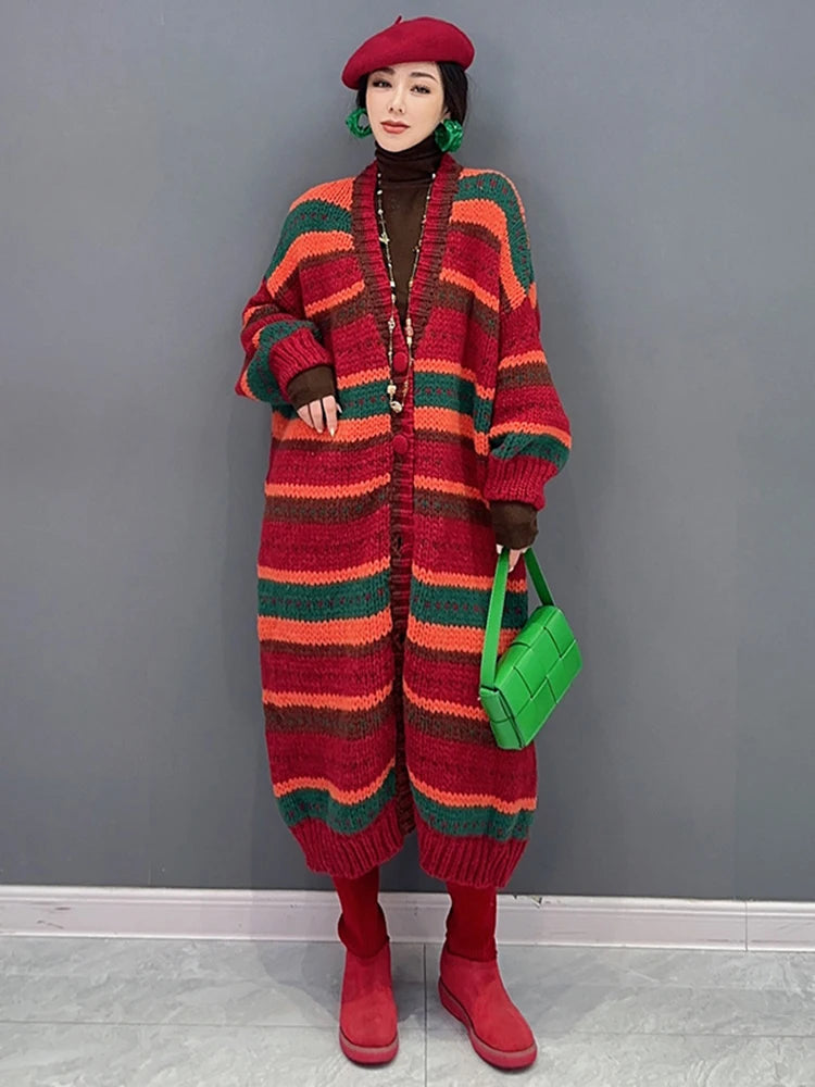 Fashion Women Knit Trench Autumn New Contrast Color V-neck Long Cardigan Coat Single Breasted Windbreaker