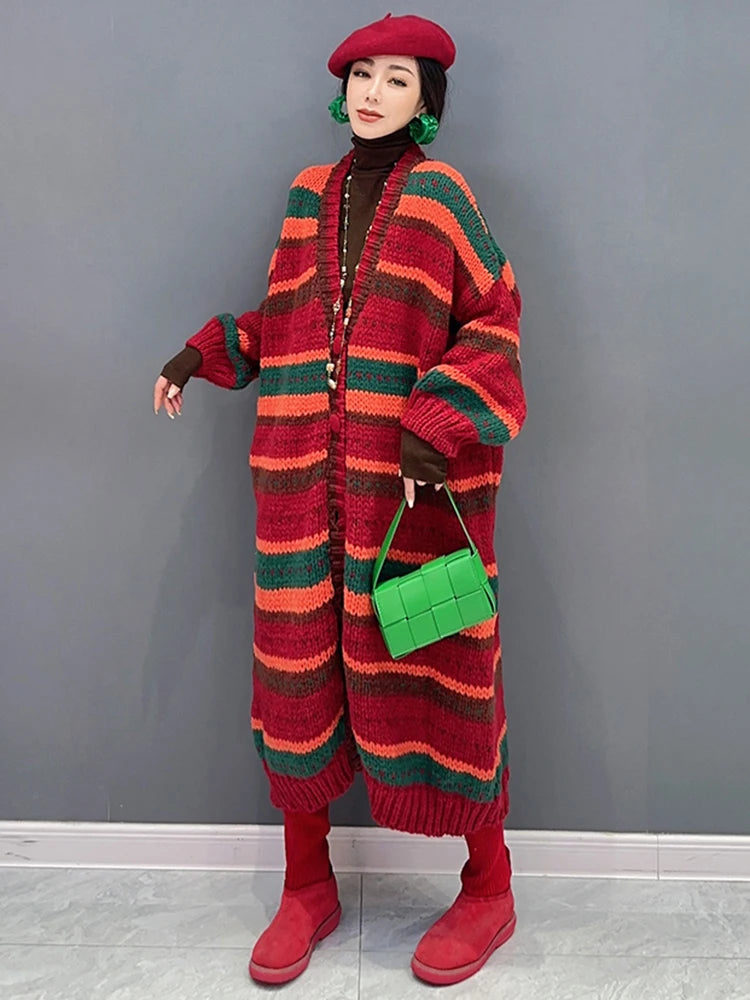 Fashion Women Knit Trench Autumn New Contrast Color V-neck Long Cardigan Coat Single Breasted Windbreaker