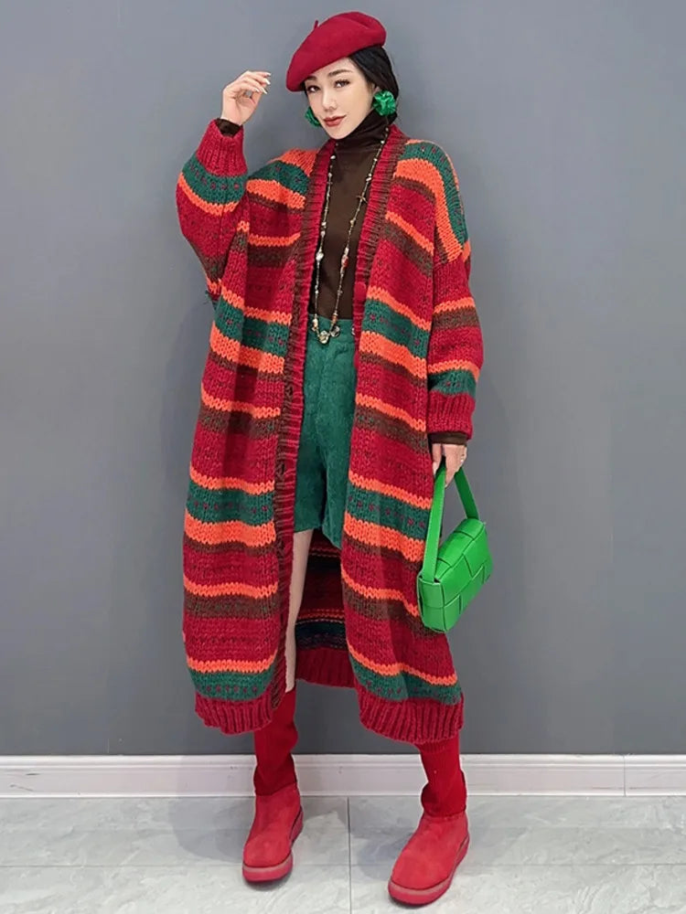 Fashion Women Knit Trench Autumn New Contrast Color V-neck Long Cardigan Coat Single Breasted Windbreaker