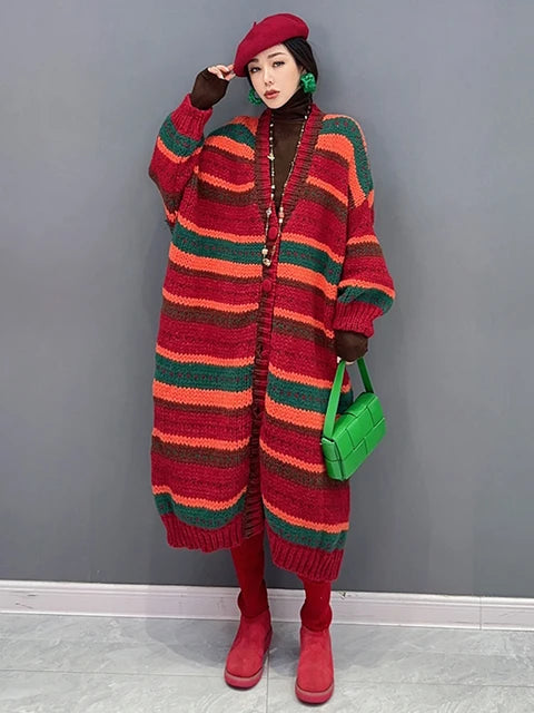 Fashion Women Knit Trench Autumn New Contrast Color V-neck Long Cardigan Coat Single Breasted Windbreaker
