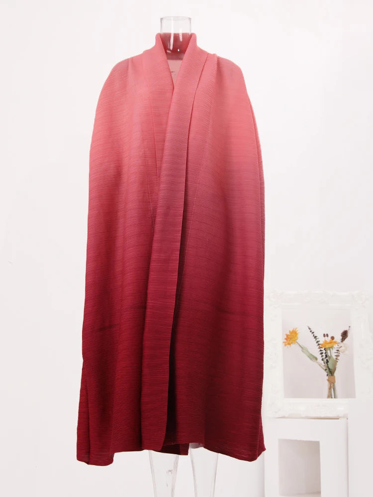 Gradient colour batfly sleeve pleated trench coat, women's stylish goddess style loose long pleated jacket