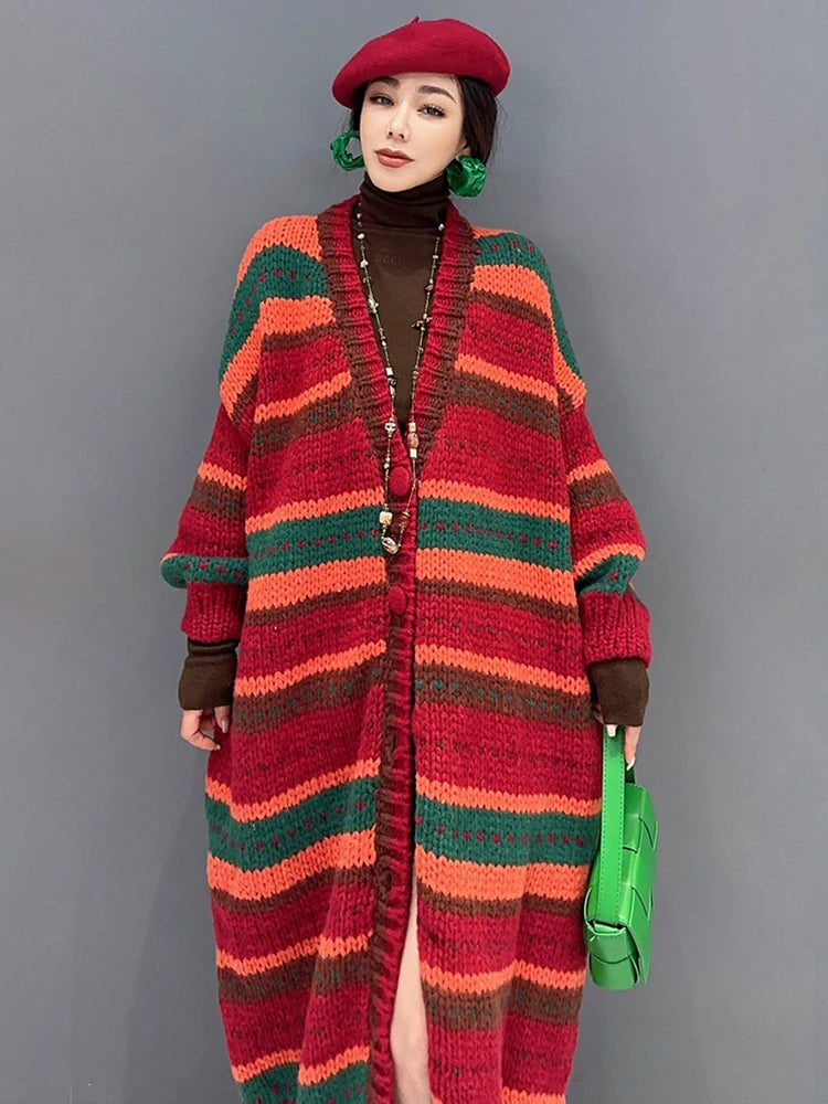 Fashion Women Knit Trench Autumn New Contrast Color V-neck Long Cardigan Coat Single Breasted Windbreaker